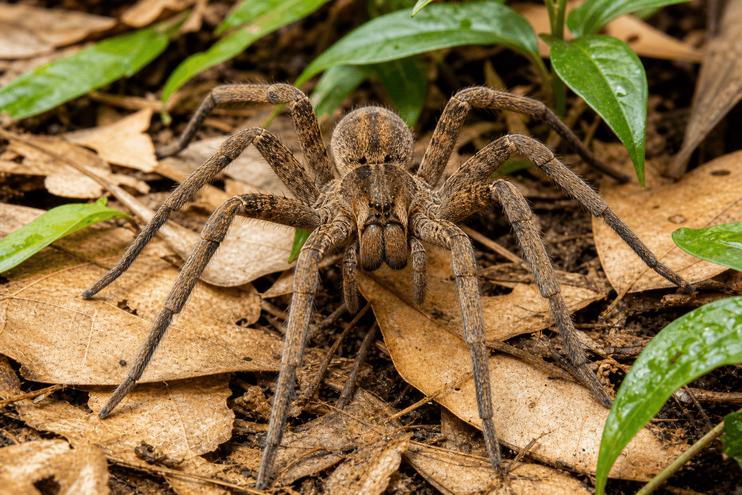 Brazilian wandering spider on forest floor leaf litter