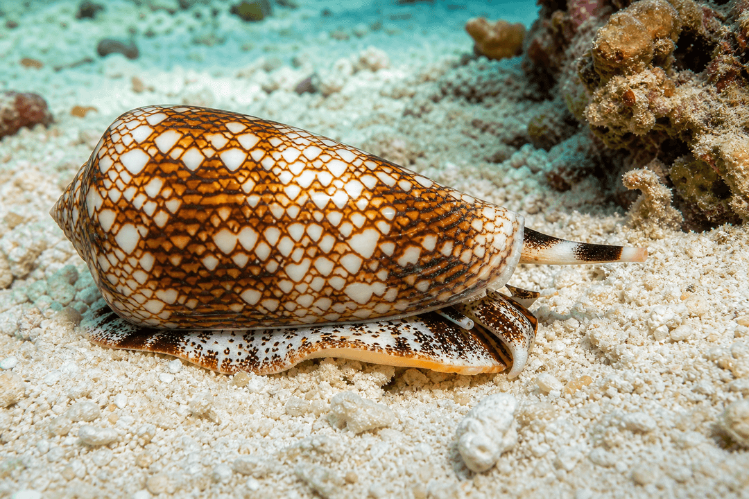 Geography cone snail moving across a sandy coral reef bottom