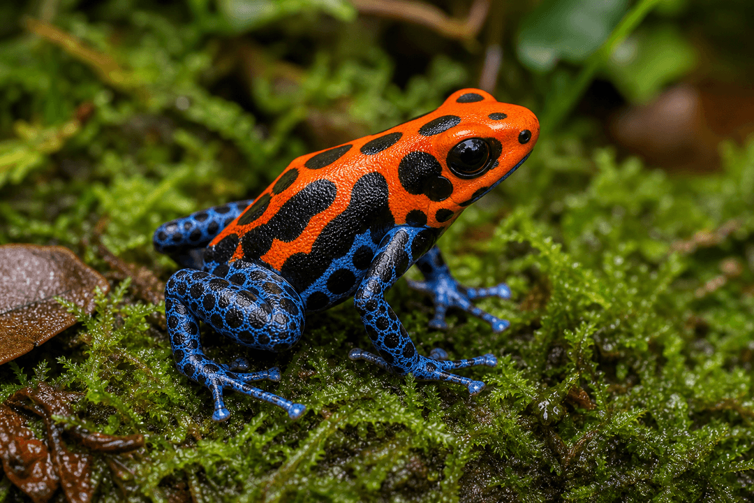 Bright poison dart frog on a damp tropical forest floor