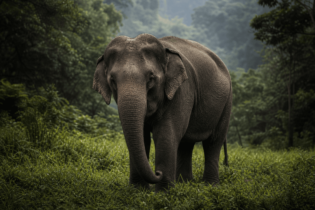 Asian elephant in a forest and grassland setting