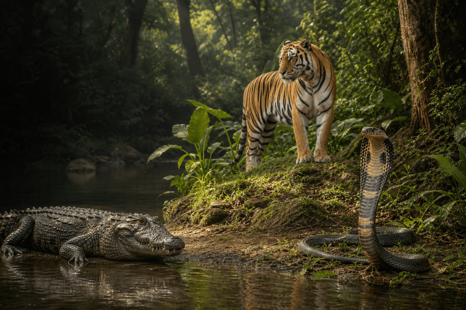Bengal tiger, King Cobra, and Mugger crocodile in an Indian forest wetland habitat