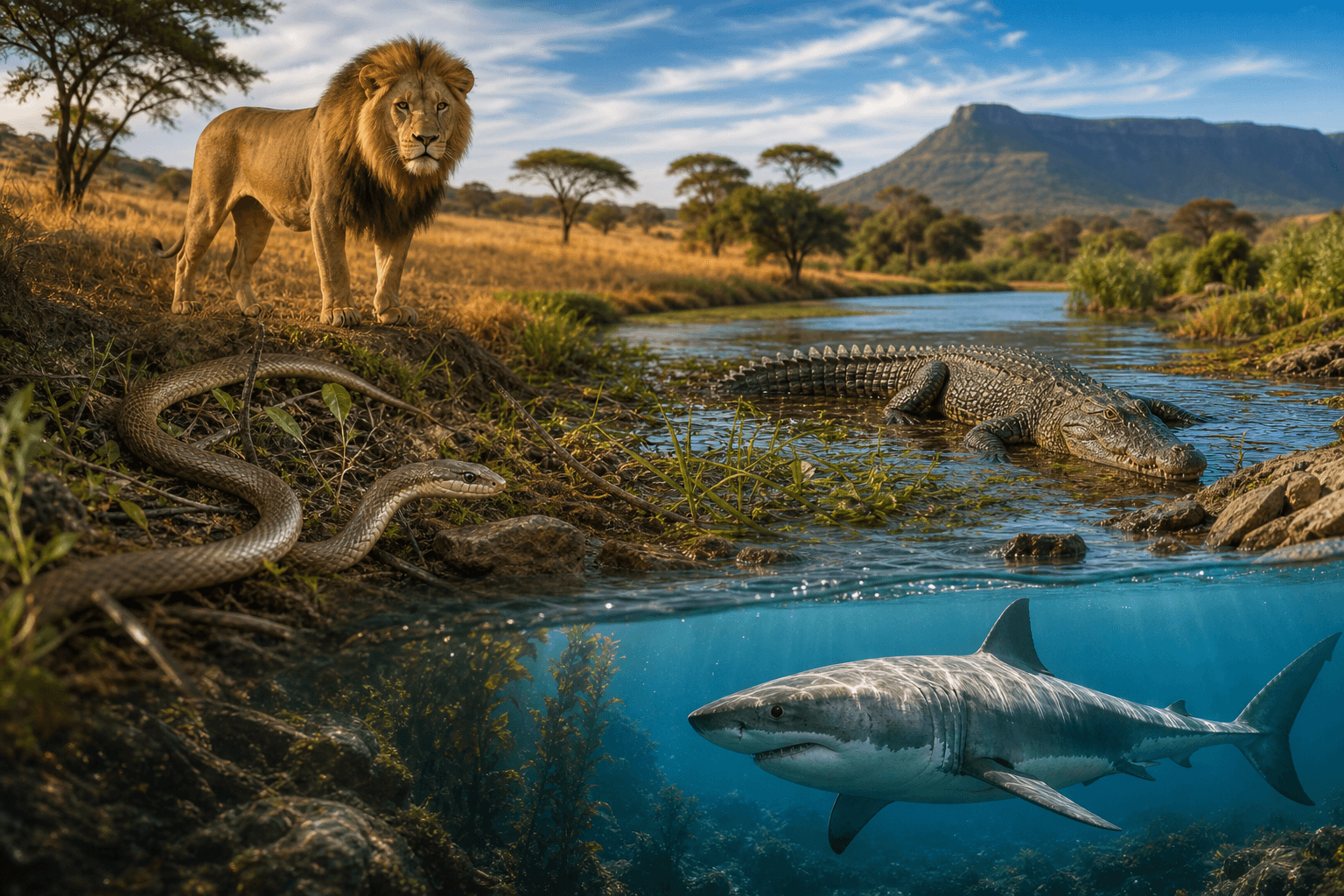 African lion, Black Mamba, Nile crocodile, and Great White Shark across South African habitats